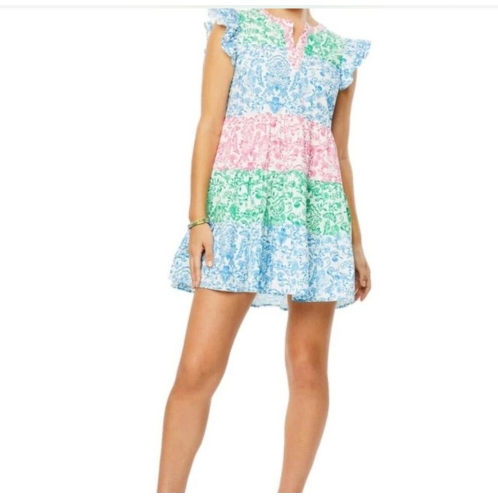 Roller Rabbit Aitona Pippa Split V-Neck Flutter Cap Sleeve Poplin Dress medium